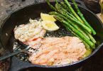Salmon with Asparagus and Garlic Lemon Butter Sauce: Fresh and succulent salmon fillet paired with tender asparagus and a rich and flavorful garlic lemon butter sauce, perfect for a healthy and delicious dinner
